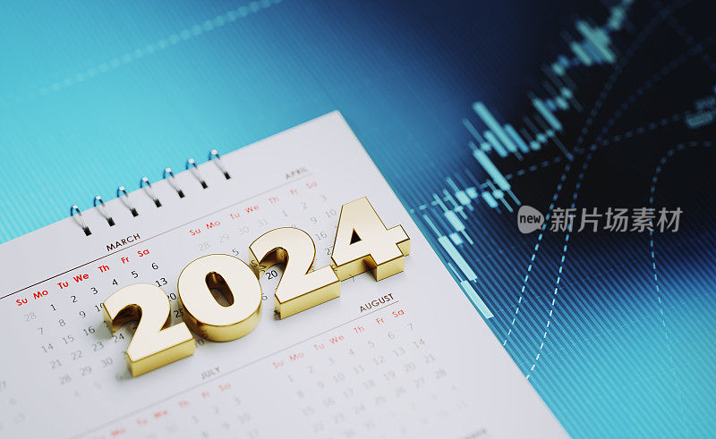 投资和财务规划概念- 2024坐在白色日历上，蓝色财务图表背景